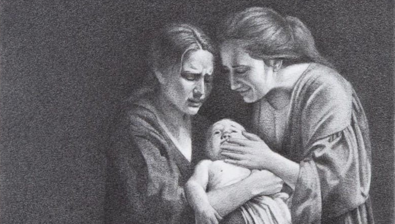 The Judgement of Solomon, detail, line drawing by Megan Gafford