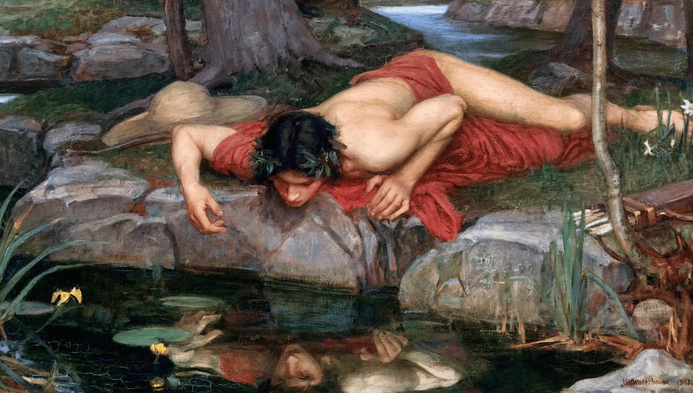 Narcissus looking at his reflection in the water from “Echo and Narcissus” by John William Waterhouse, oil on canvas 1903.