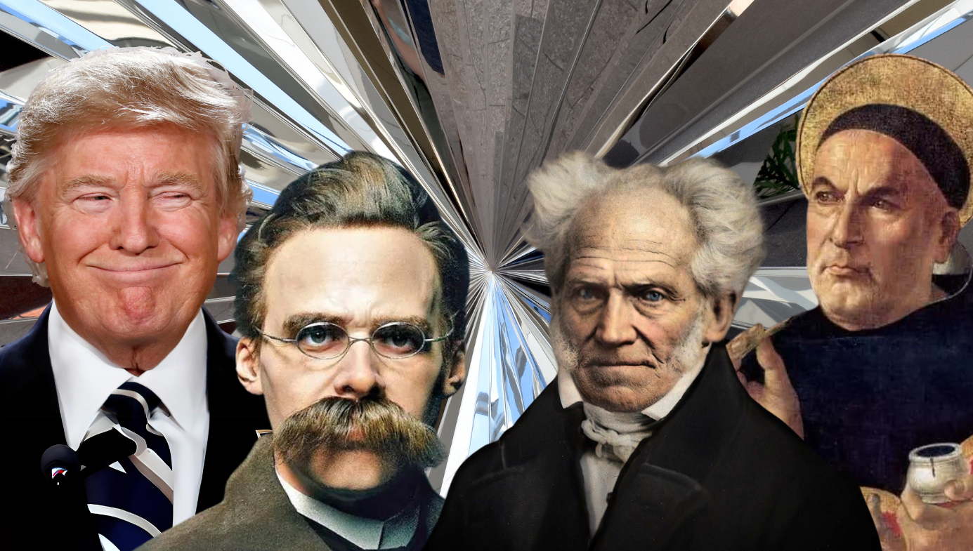 Images of Trump, Nietzsche, Schopenhauer, Aquinas.
