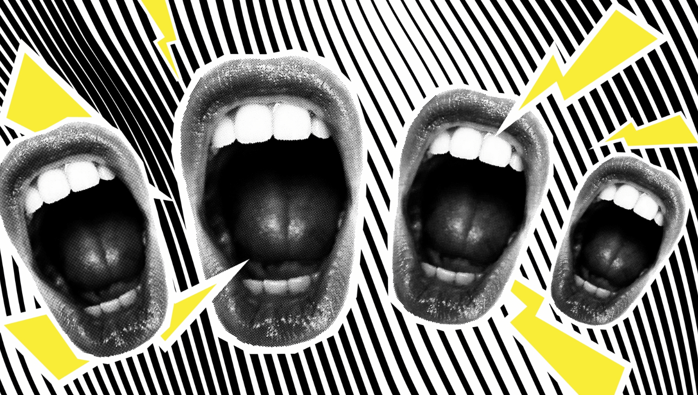 Image of open mouths against a graphic backdrop. 