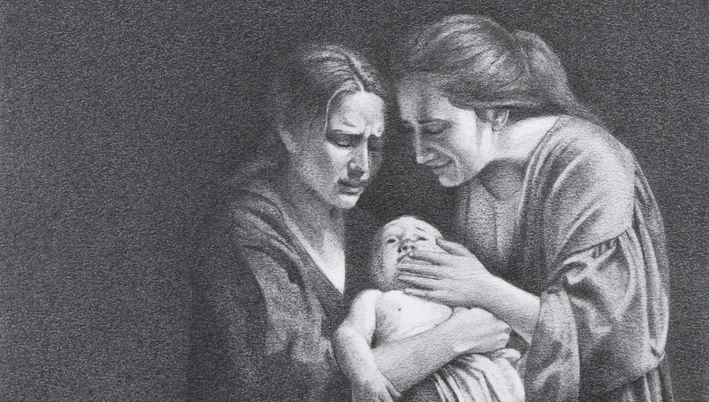 Two women cradle a baby. Drawing by Megan Gafford, detail. 