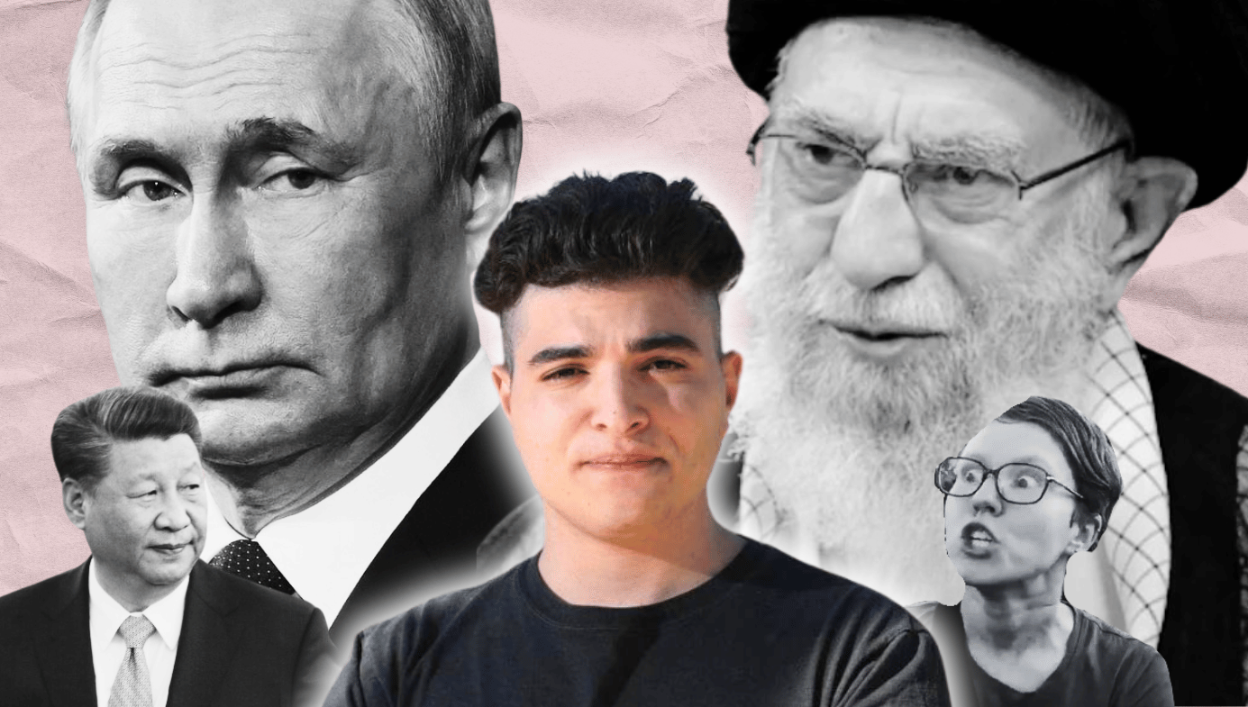 Drew Pavlou surrounded by Putin, Xi Jing Ping, Khameini and a "triggered" woke woman meme. Linked In/Wikimedia Commons/Canva.