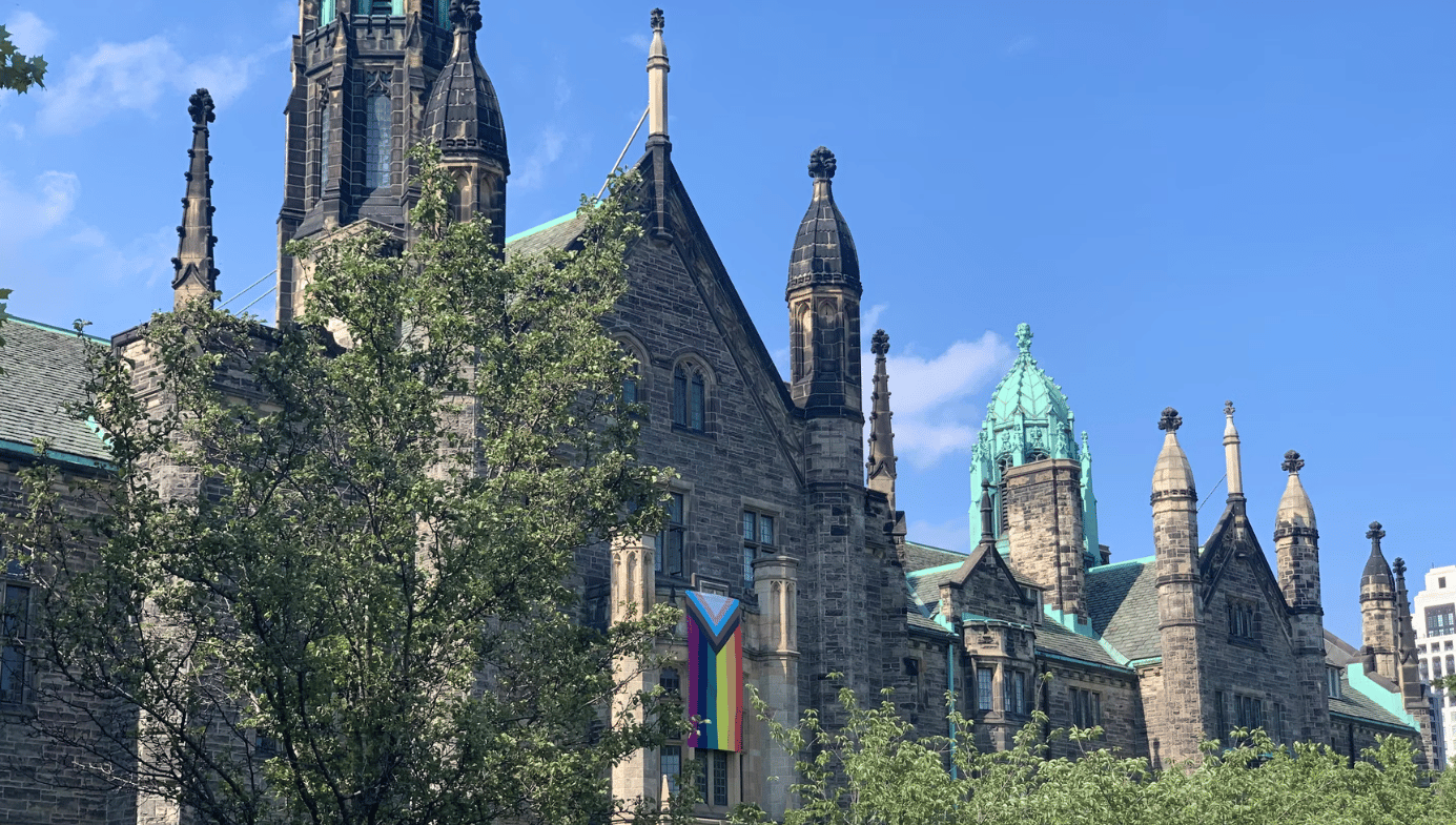 University of Toronto, King's College Circle, Toronto. University buildings with a Pride flag. 