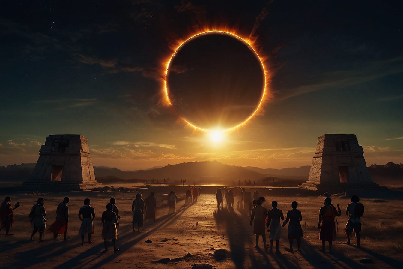 AI-generated image of Mayans watching a complete solar eclipse. 