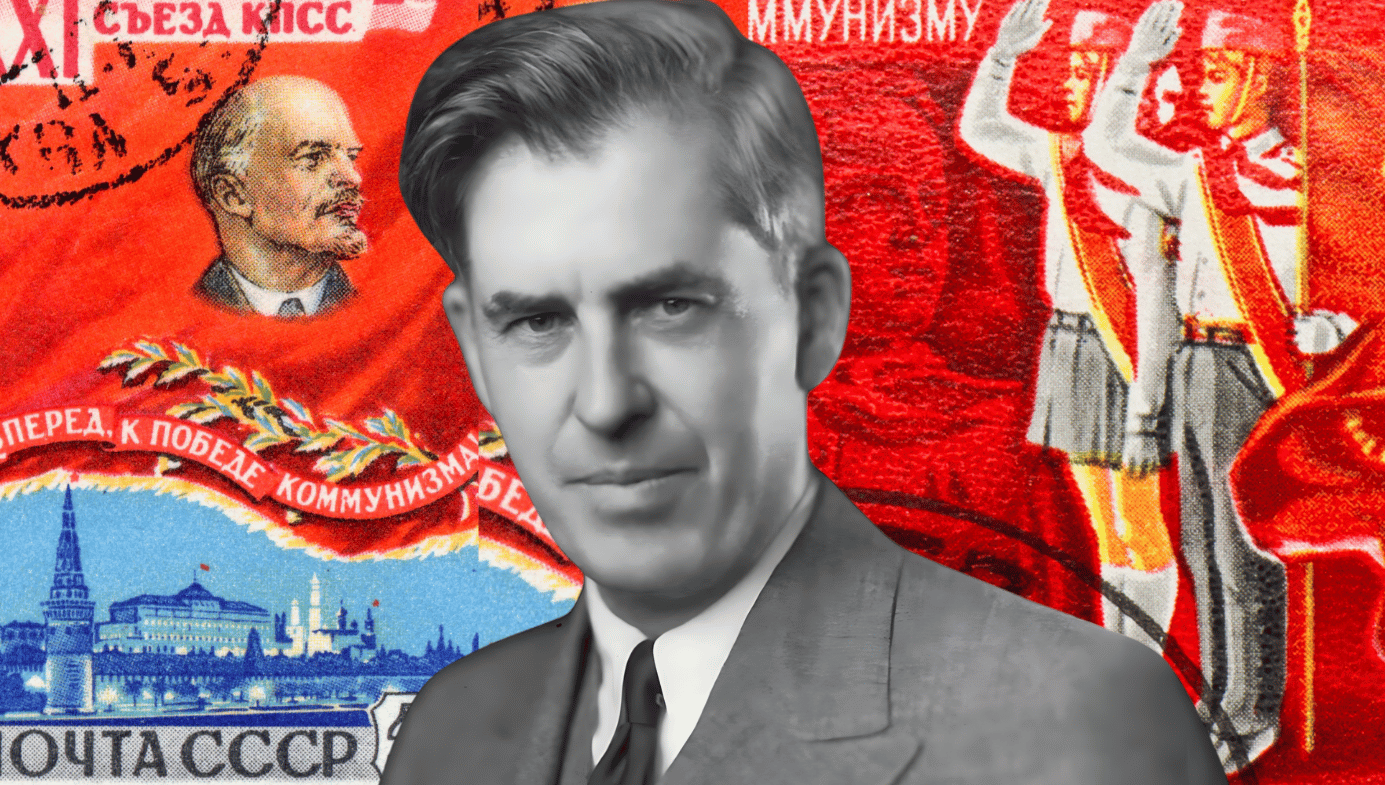 A black and white portrait of Henry Wallace with a background of colourful Soviet-era stamps.