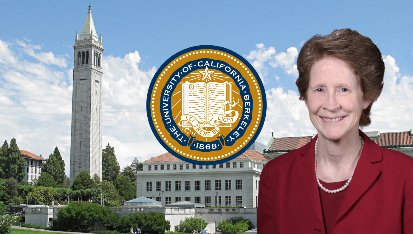 Susan Carlson in front of the Sather Tower at University of California, Berkeley and the UC logo.