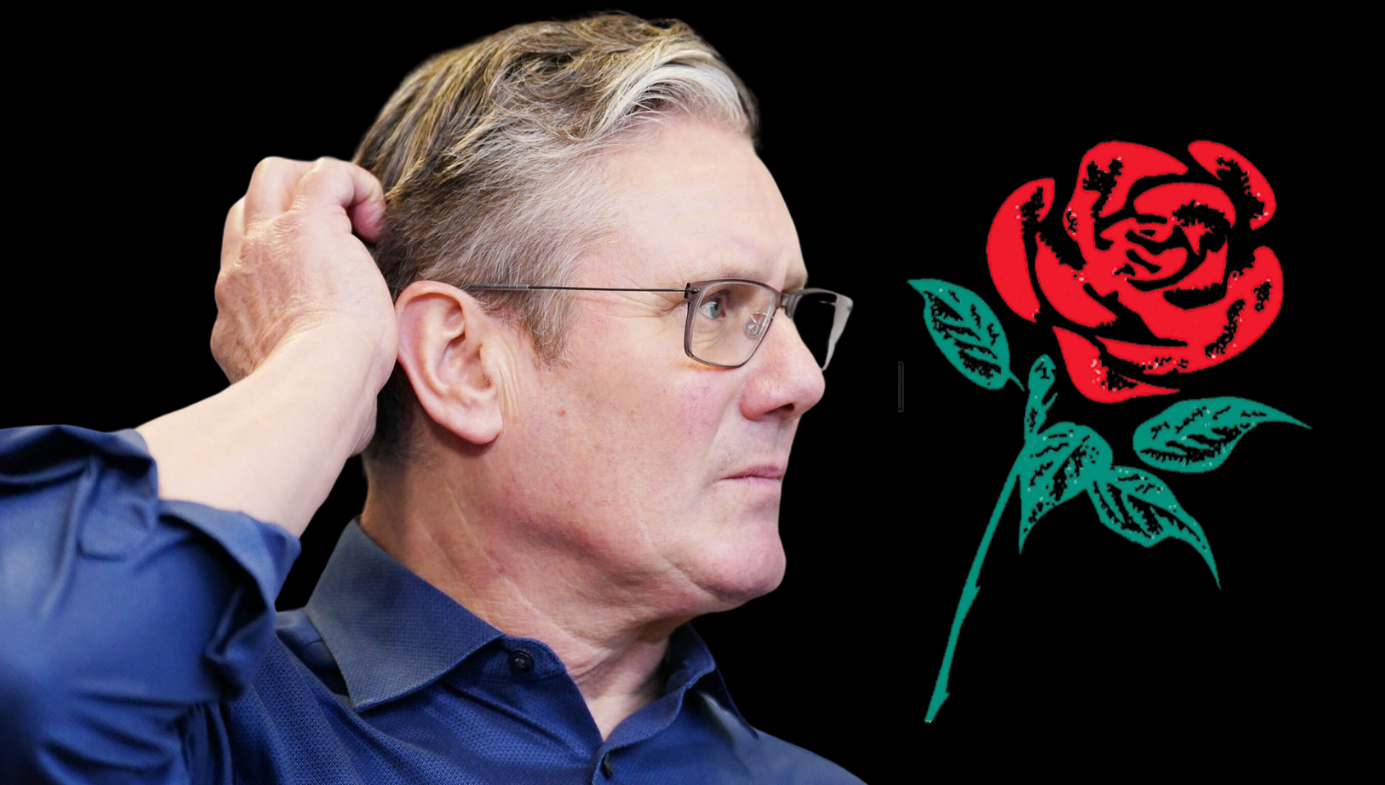 Keir Starmer and the red rose symbol of the UK Labour Party.