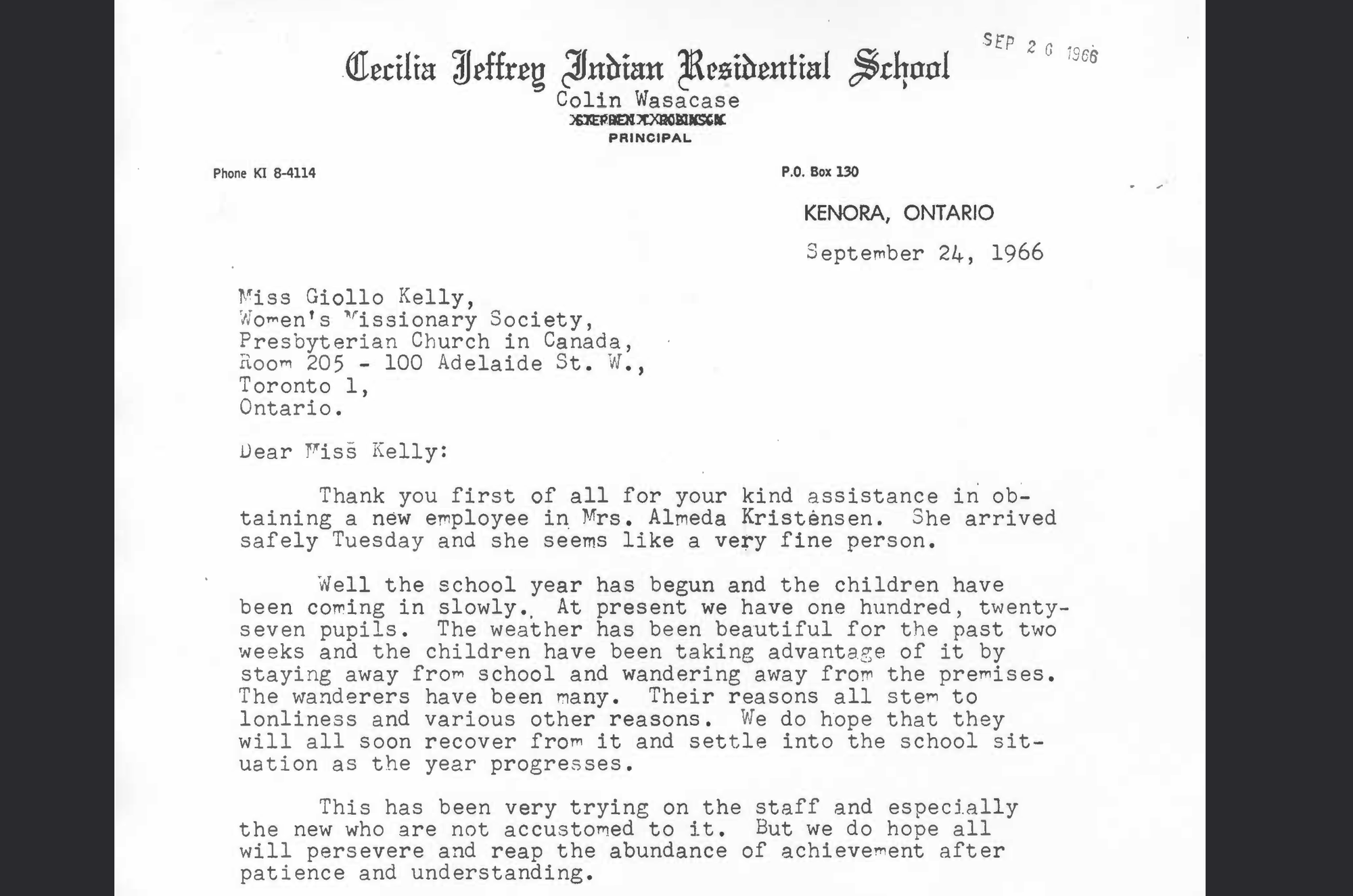 A section of a typewritten letter from Colin Wasacase to Miss Giollo Kelly of the Women's Missionary Society, dated 24 September 1966. 