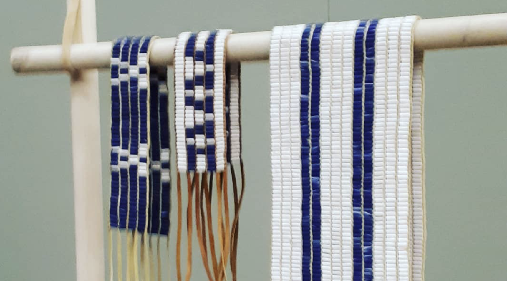Traditionally crafted wampum belts presented by a member of the Chippewas of Georgina Island, photographed in 2018 at a display in Sutton, Ontario.
