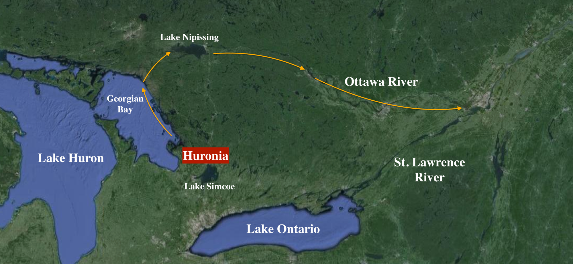 Map showing approximate path of seasonal trade route from Huronia to St. Lawrence along Ottawa River route.
