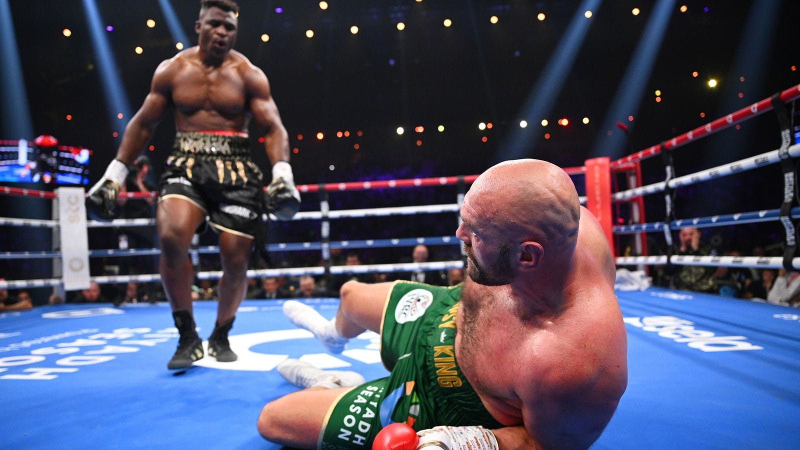 Francis Ngannou knocks down Tyson Fury during the Heavyweight fight
