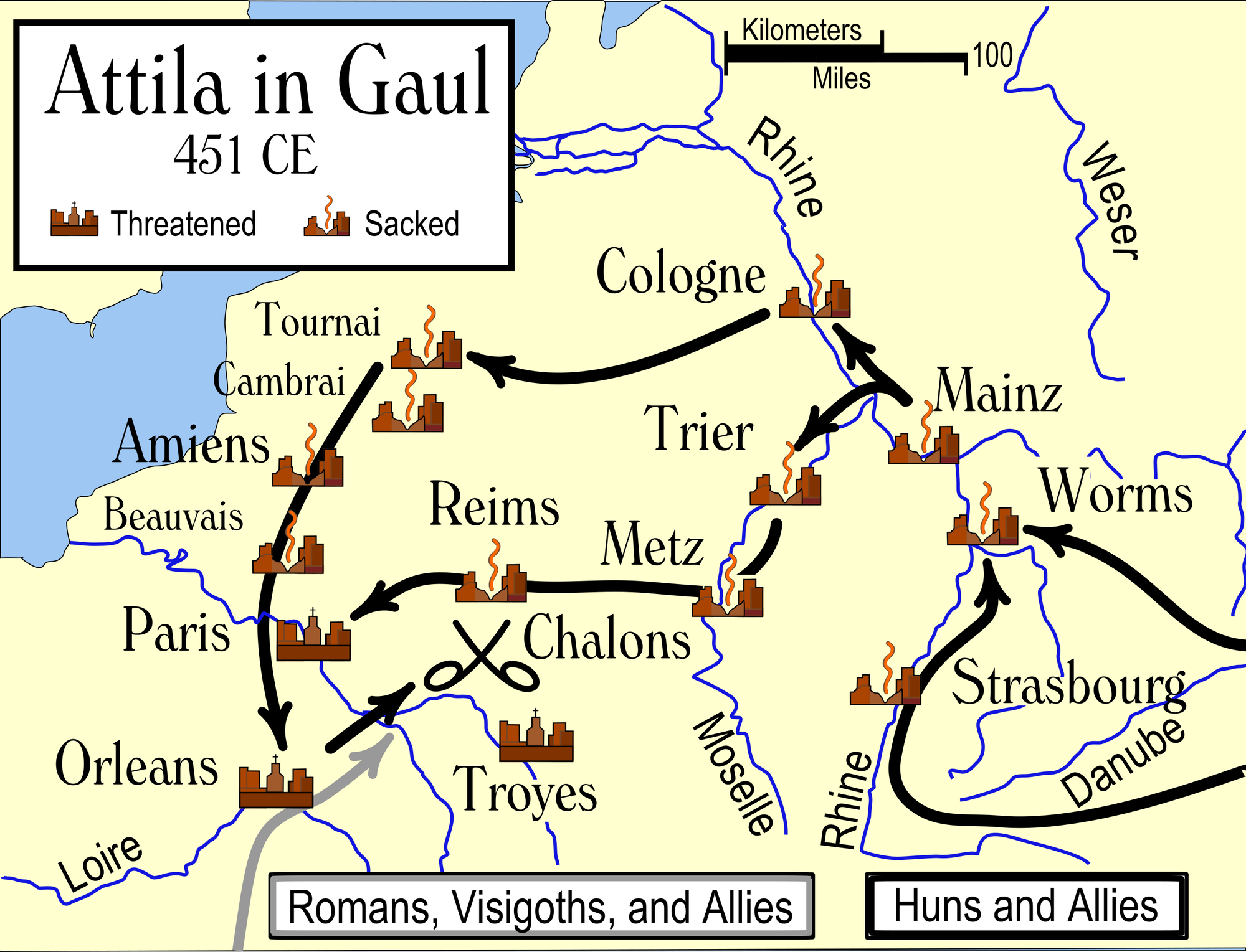 A (somewhat conjectural) Wikipedia-published map indicating the possible paths taken by Attila’s forces in 451.