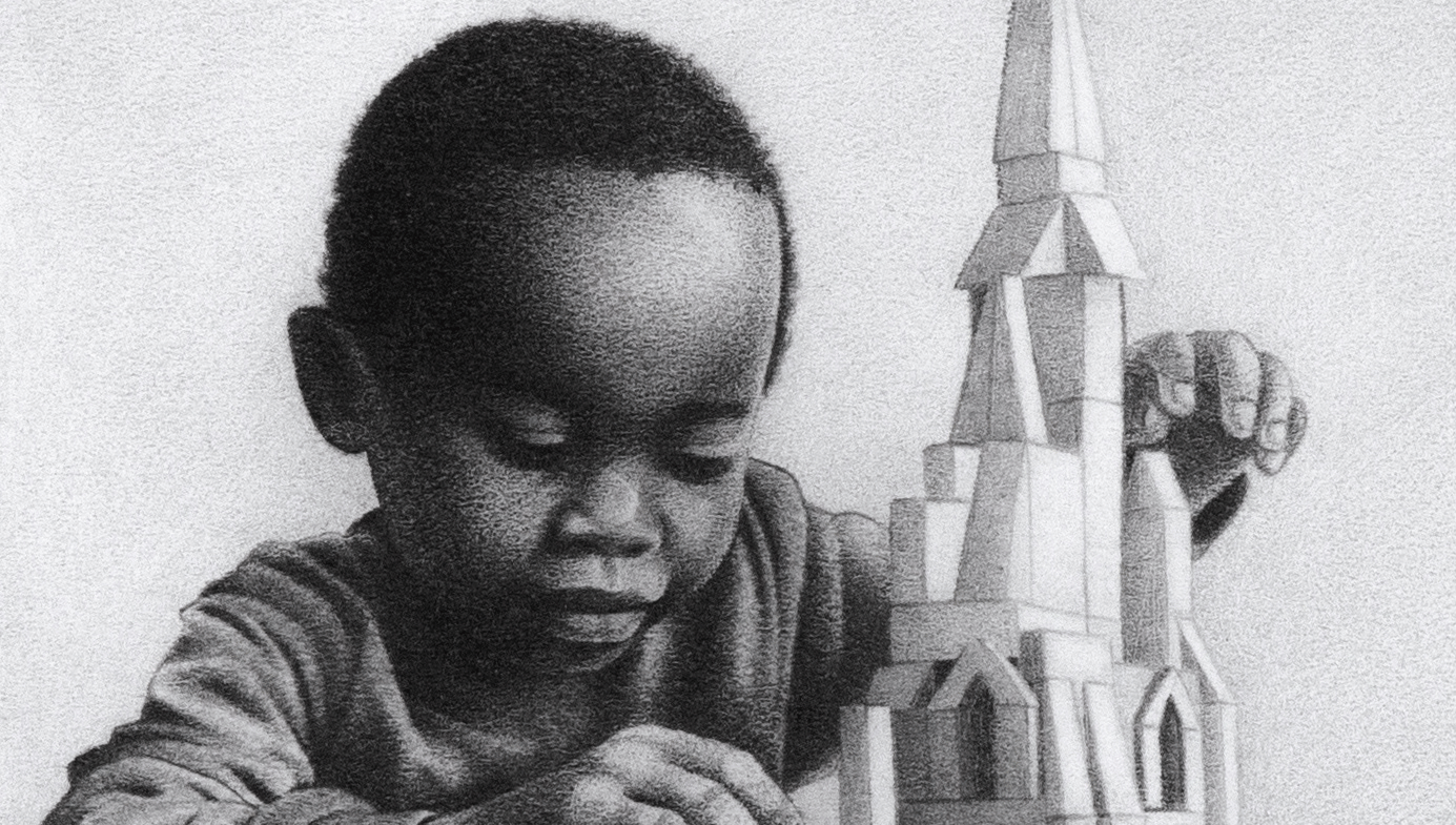 A young boy builds a church out of toy bricks. Artwork by Megan Gafford. 