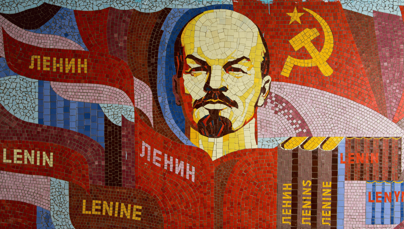 A colourful mosaic of Lenin and the hammer and sickle. 