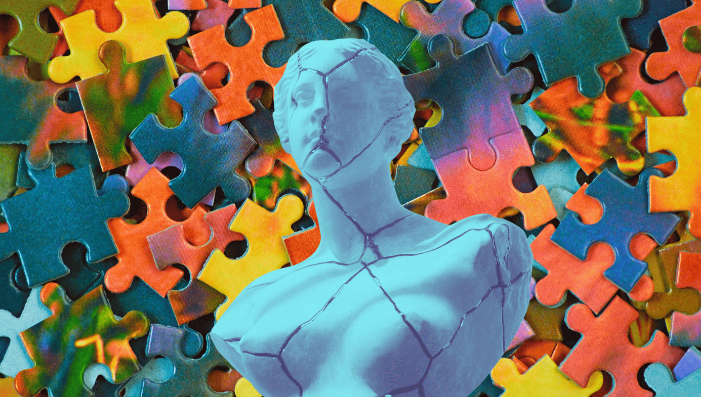 A broken female marble bust with cracks and a background of colourful jumbled jigsaw pieces