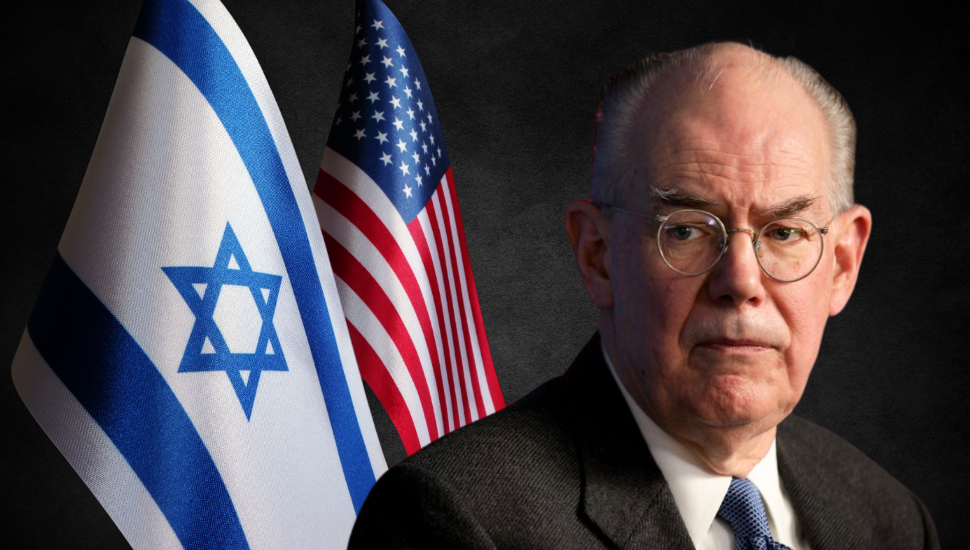 John Mearsheimer looks worried in front of Israeli and US flags.