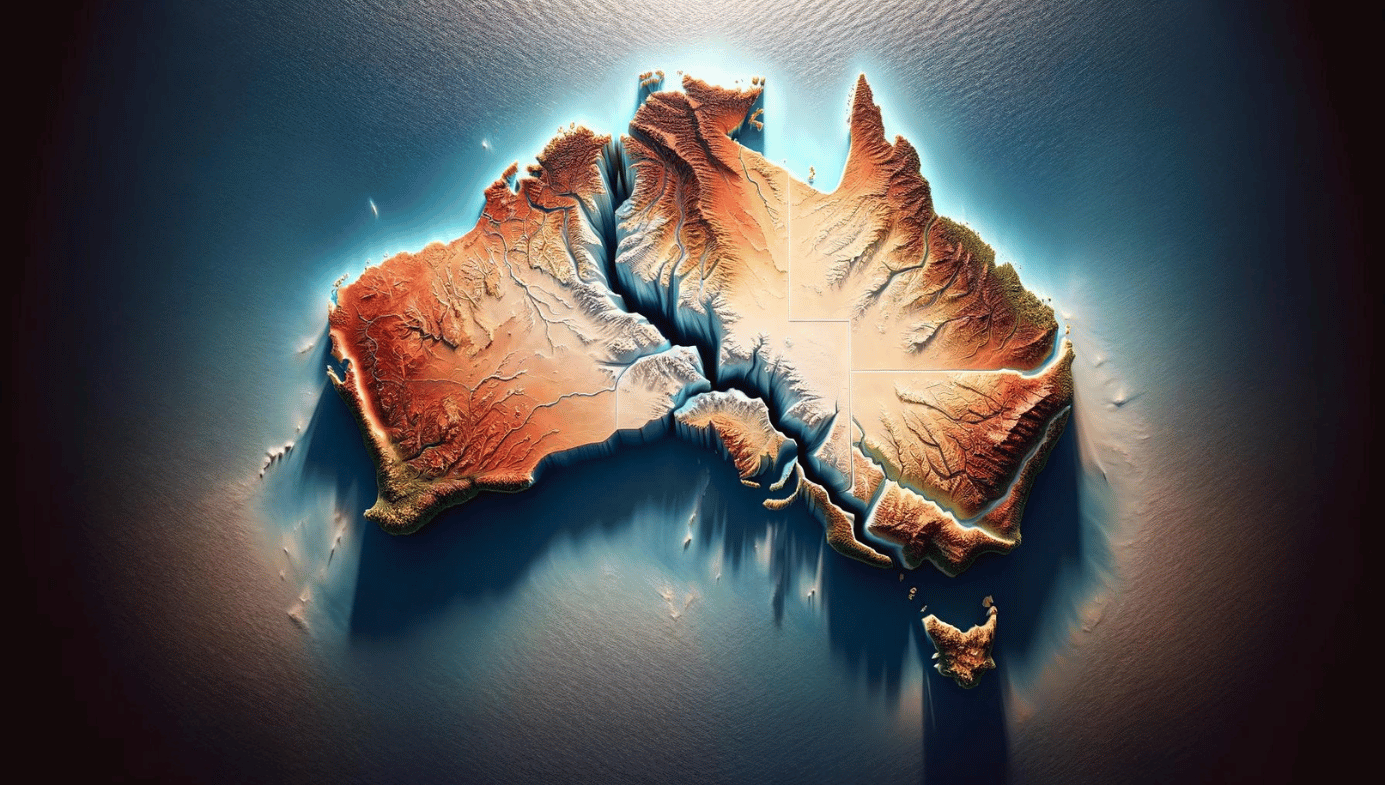 A topographically coloured map of Australia viewed from above, with a dramatic crack running down the middle. 