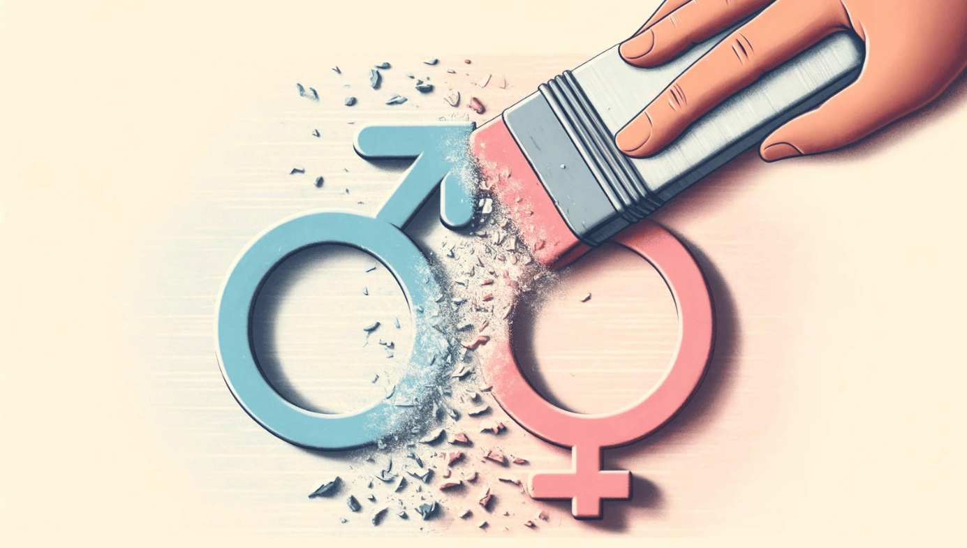 A hand holding a giant eraser rubs out a blue male and a pink female symbol. 
