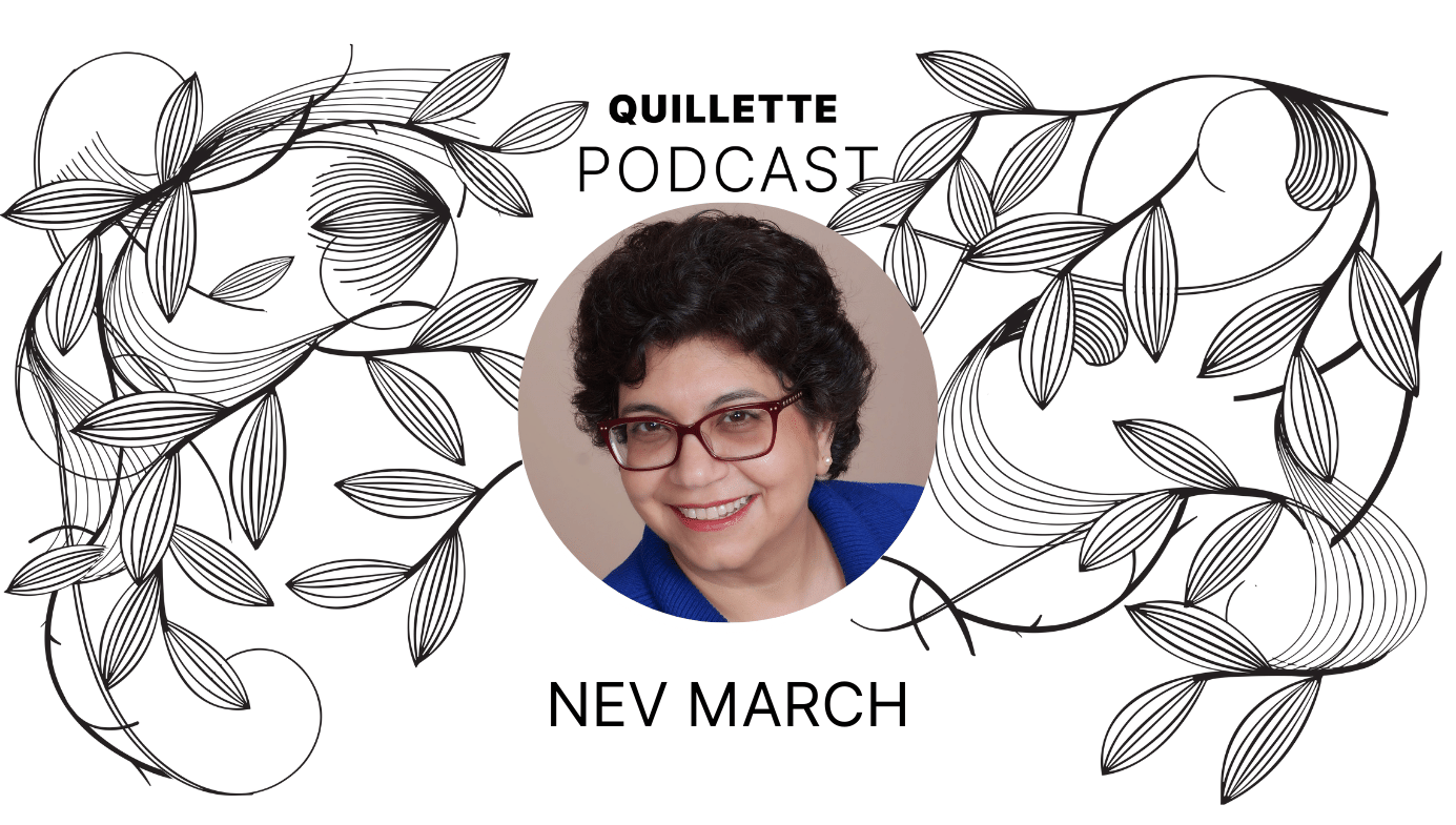 The Quillette podcast logo with spiralling illustrated leaves and a portrait of Nev March. A woman with glasses.