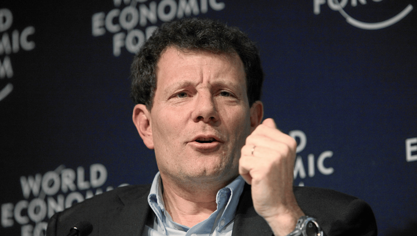 Nicholas D. Kristof speaking. World Economic Forum in the background.