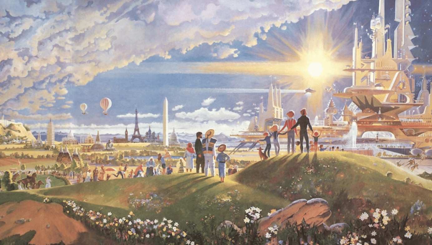 Silhouettes on people on a hill, amid flowers, looking towards a futuristic city. 