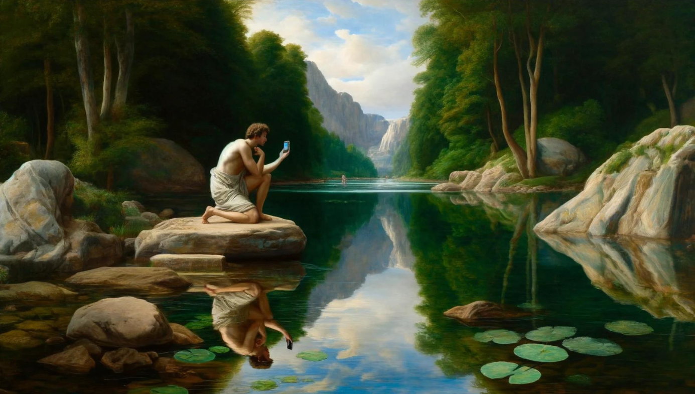 An AI generated image similar to Waterhouse's "Echo and Narcissus" but Narcissus is staring into his phone.