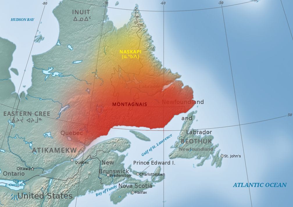A map of lands traditionally inhabited by the Innu, overlaid on modern political boundaries. 