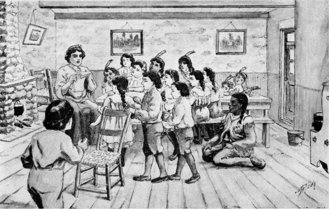 A stylised black-and-white drawing that purports to depict Louis Hébert’s wife teaching local Indigenous children.