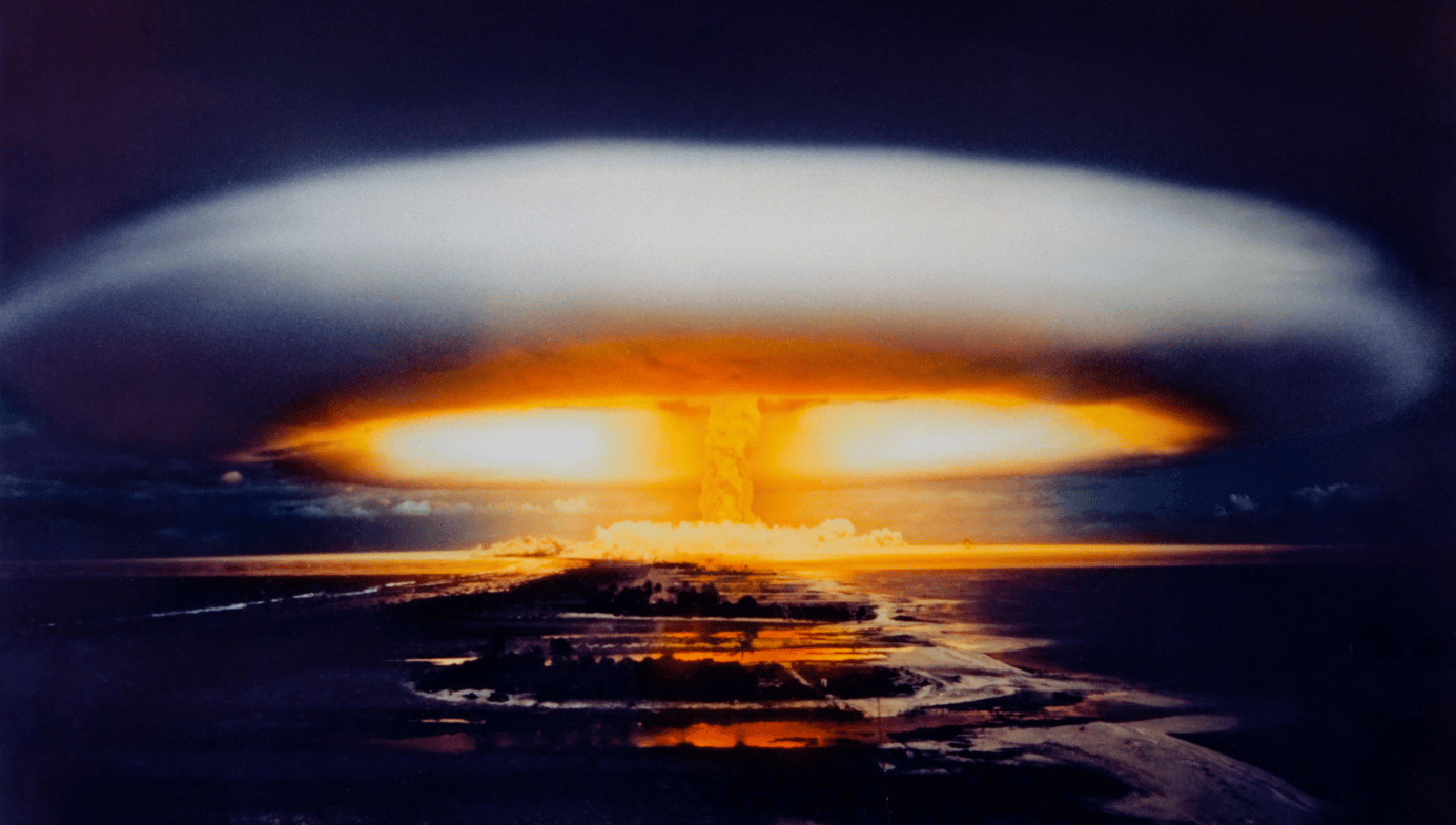 Crown of a nuclear bomb explosion over Mururoa atoll, French Polynesia, Pacific Ocean