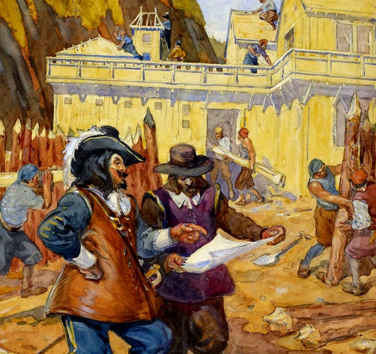 Detail from an illustration by Charles William Jefferys, depicting Samuel de Champlain overseeing construction of the Habitation de Québec.