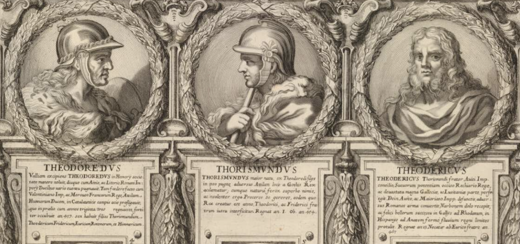 A 17th-century Italian illustration containing the (imagined) likenesses of Theodoric I (left), his son Thorismund (centre), and Theodoric II.