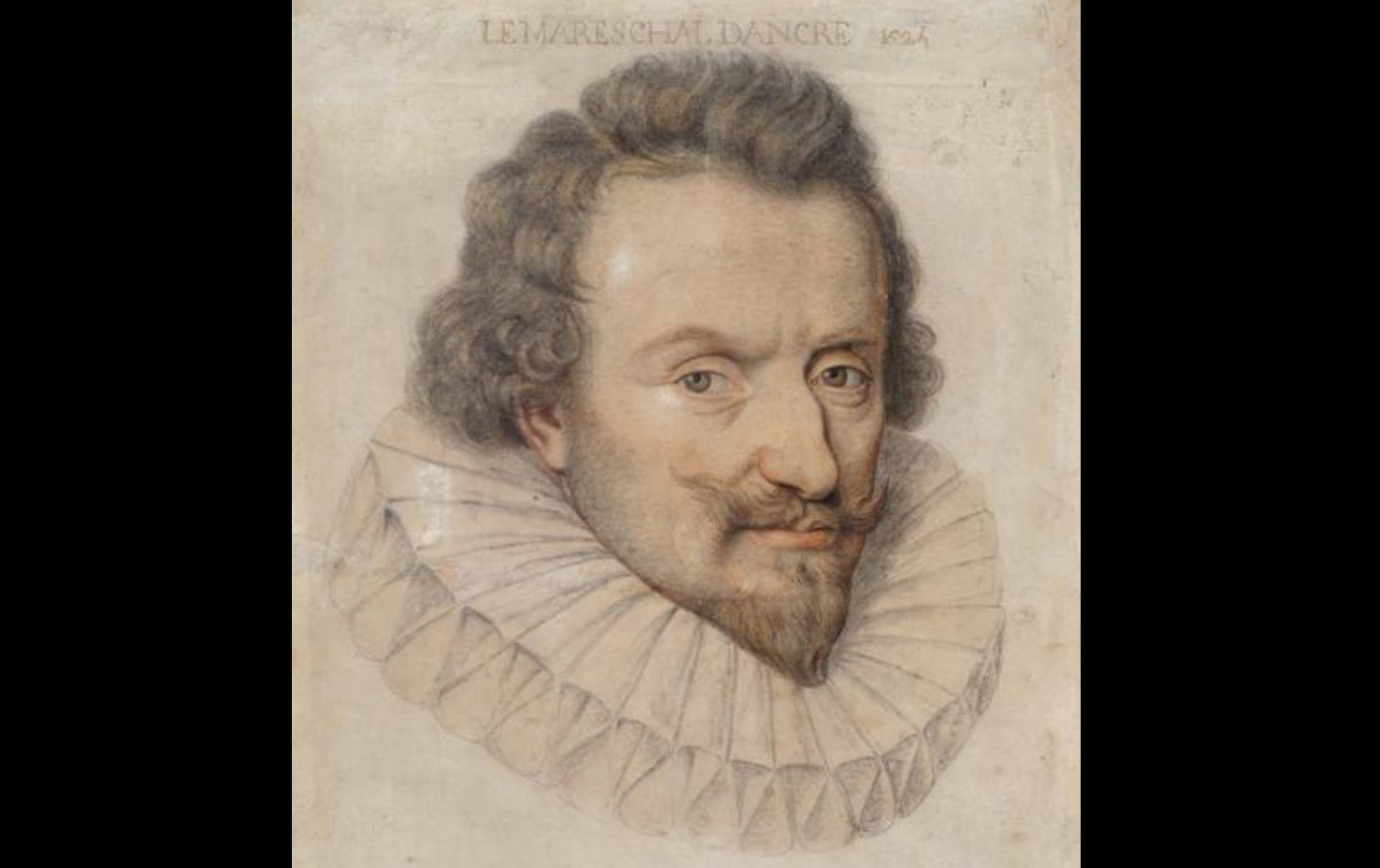Portrait showing the head of Concino Concini. He is wearing a ruff. 
