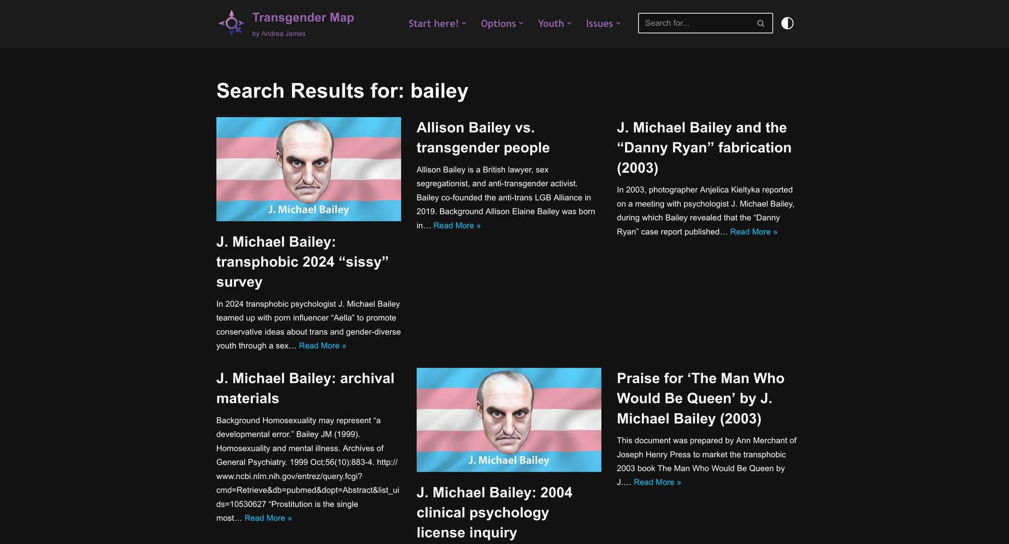 A page from the Transgender Map, with caricatures of Bailey imposed on a trans flag.