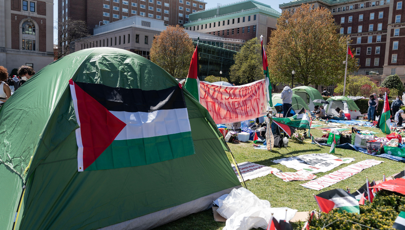 Protest encampment on the campus of Columbia University in New York as seen on 22 April 2024
