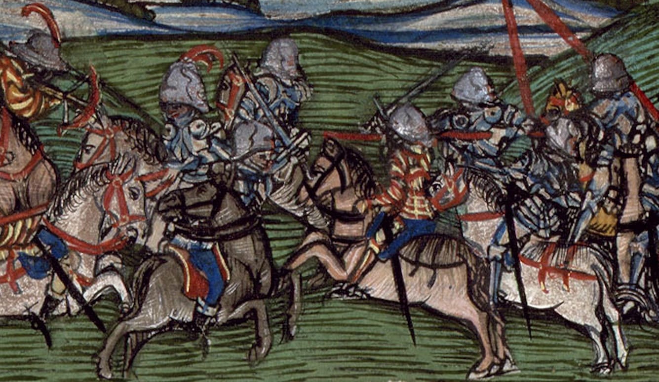 The Battle of the Catalaunian Plains: artwork showing two groups of horseman with lances in combat.