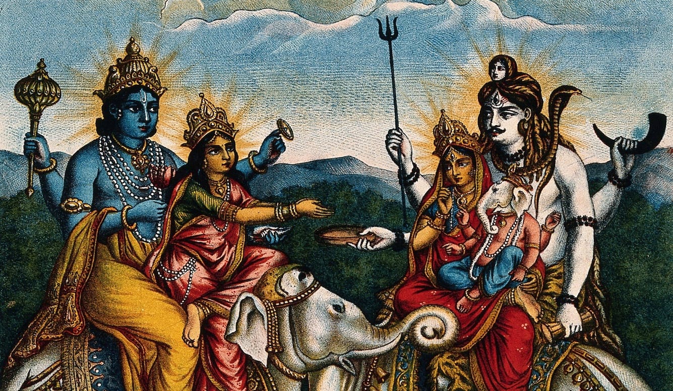 Vishnu and Lakshmi (left), meeting Shiva, Parvati, and Ganesha (right), mounted on elephants. 