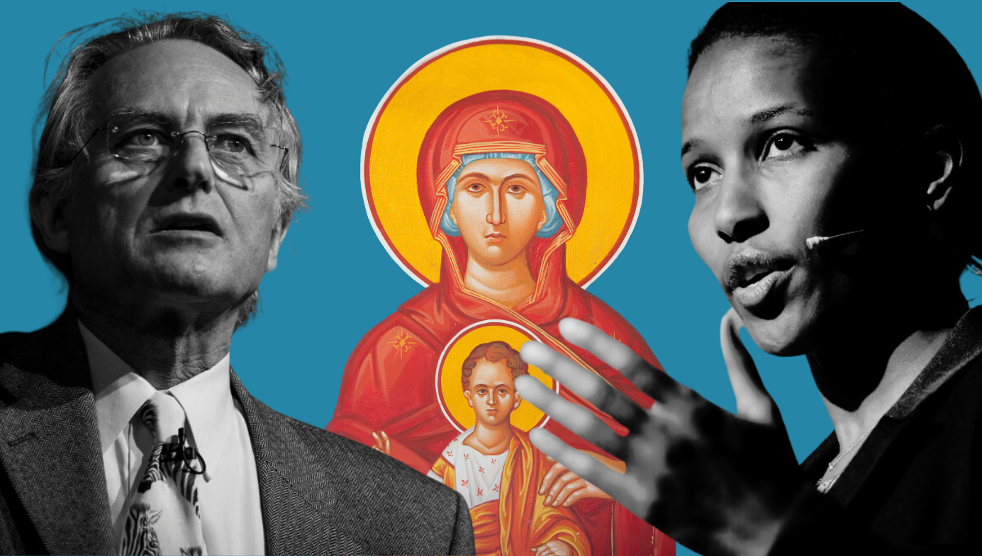 Richard Dawkins and Ayaan Hirsi Ali with a Greek Orthodox fresco of the Virgin Mary and baby Jesus.