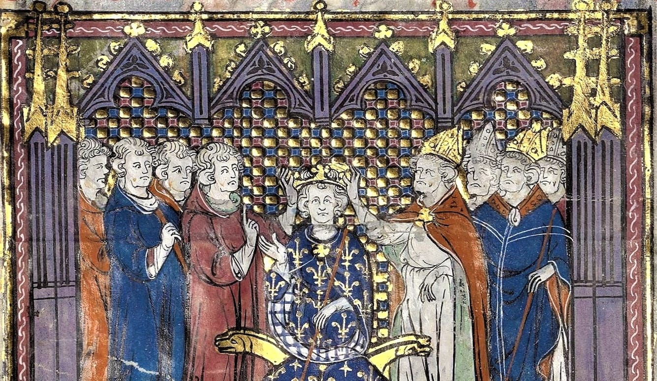 Illuminated manuscript style illustration of a coronation. 