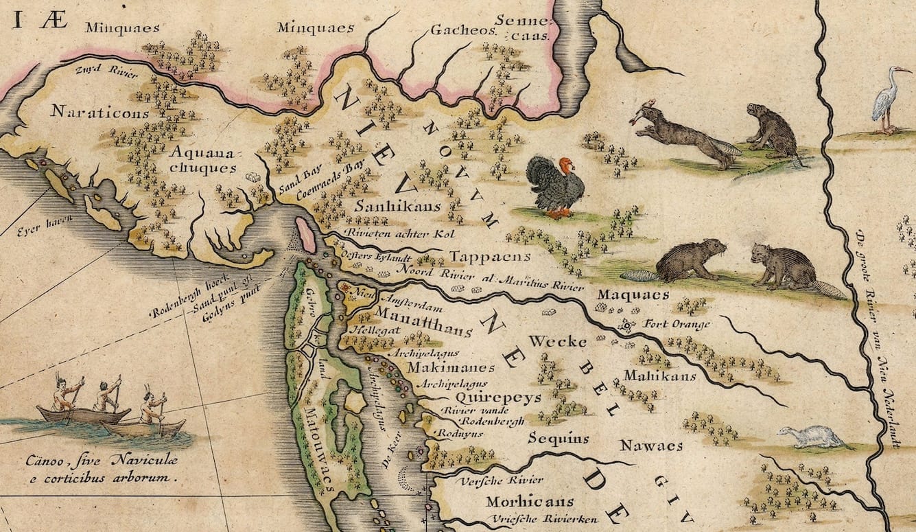 Map detail of the Hudson River Valley, showing natives in a canoe, as well as beavers, turkeys and a mink