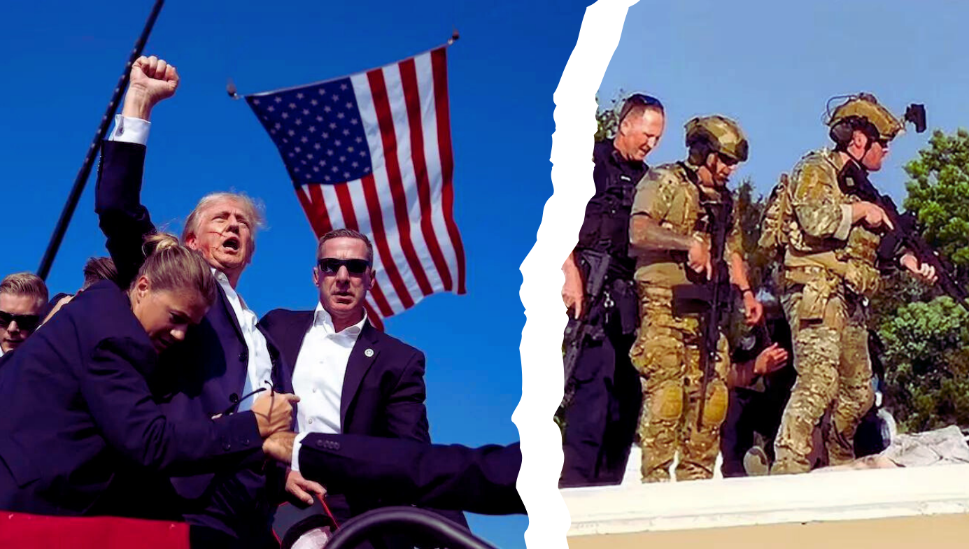 Donald Trump raises his fist, US flag in background; soldiers on a rooftop (collage). 
