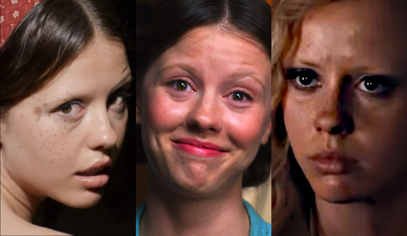 Composite portrait of Mia Goth's face in her three roles in the trilogy. 