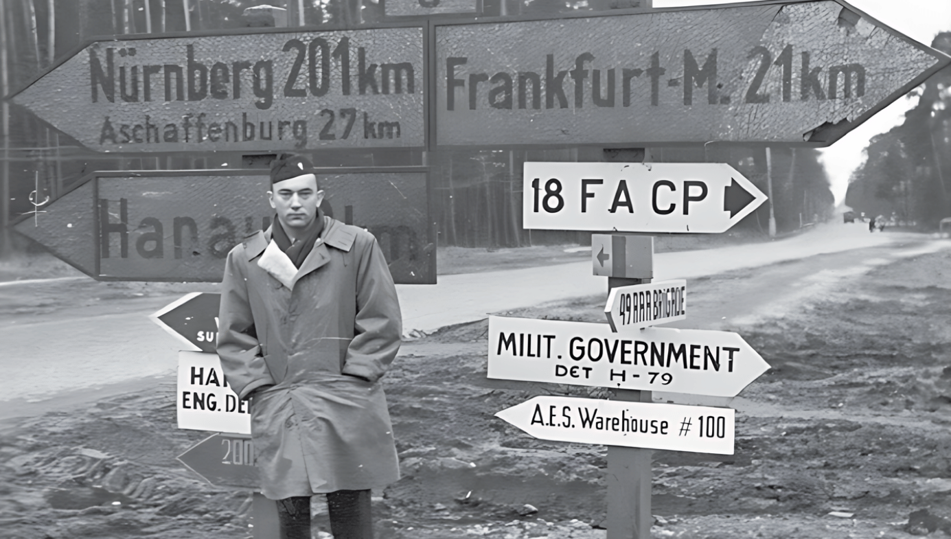 A black and white image of a young Lt. Melvin J. Lasky in Germany.