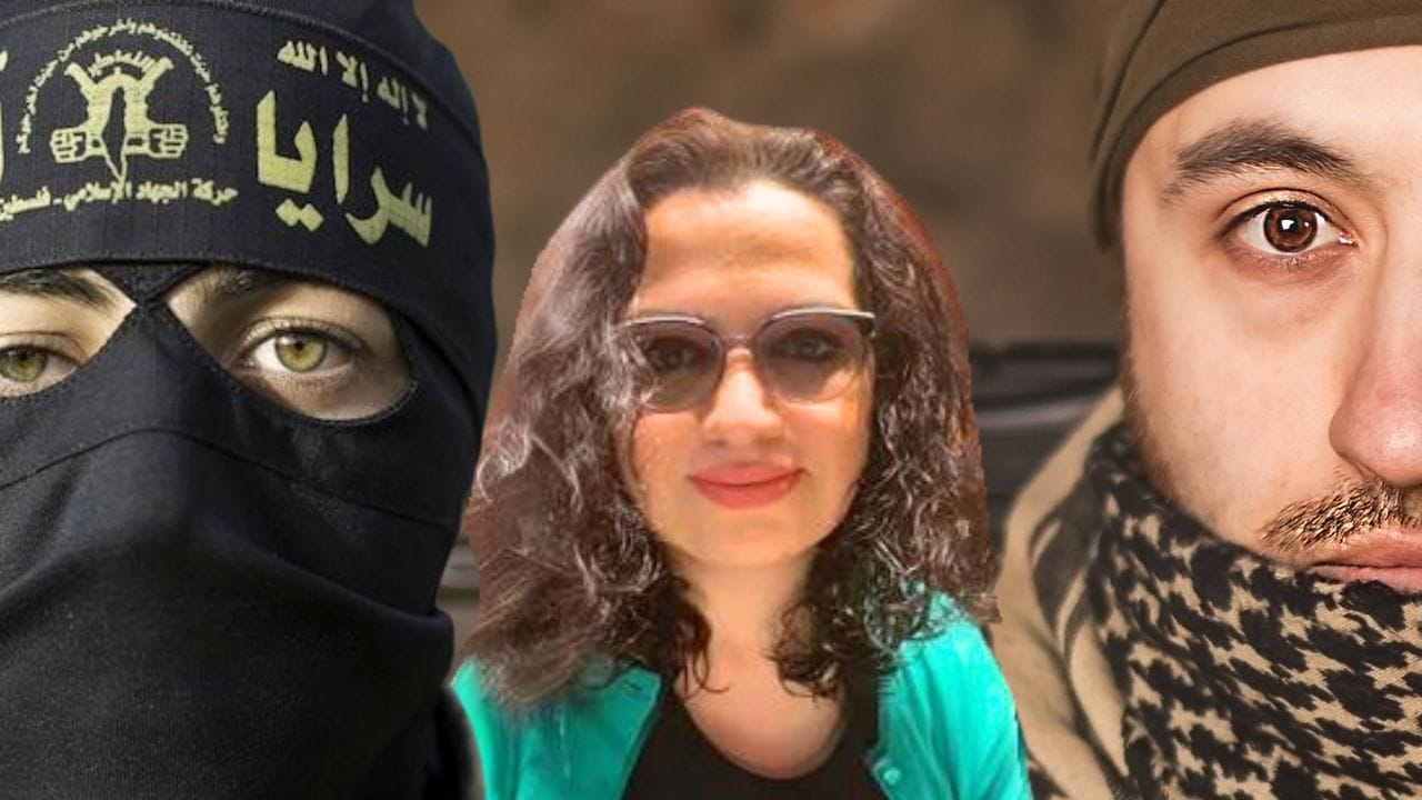 Two jihadists and a photo of Suha in the middle. She is a middle-aged Middle Eastern woman with curly hair and glasses.