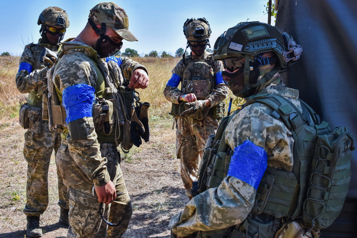 Ukrainian servicemen of 141st Separate Infantry brigade are seen during military practice.