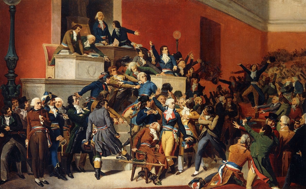 Painting depicting men in 18th-century dress in a grand hall, raising arms, gesticulating, storming a podium. 