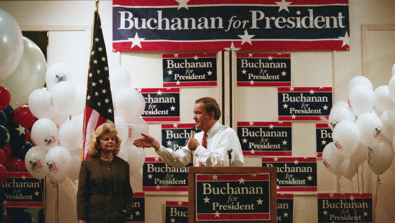 Pat Buchanan campaigns for president during the 1996 presidential primaries.