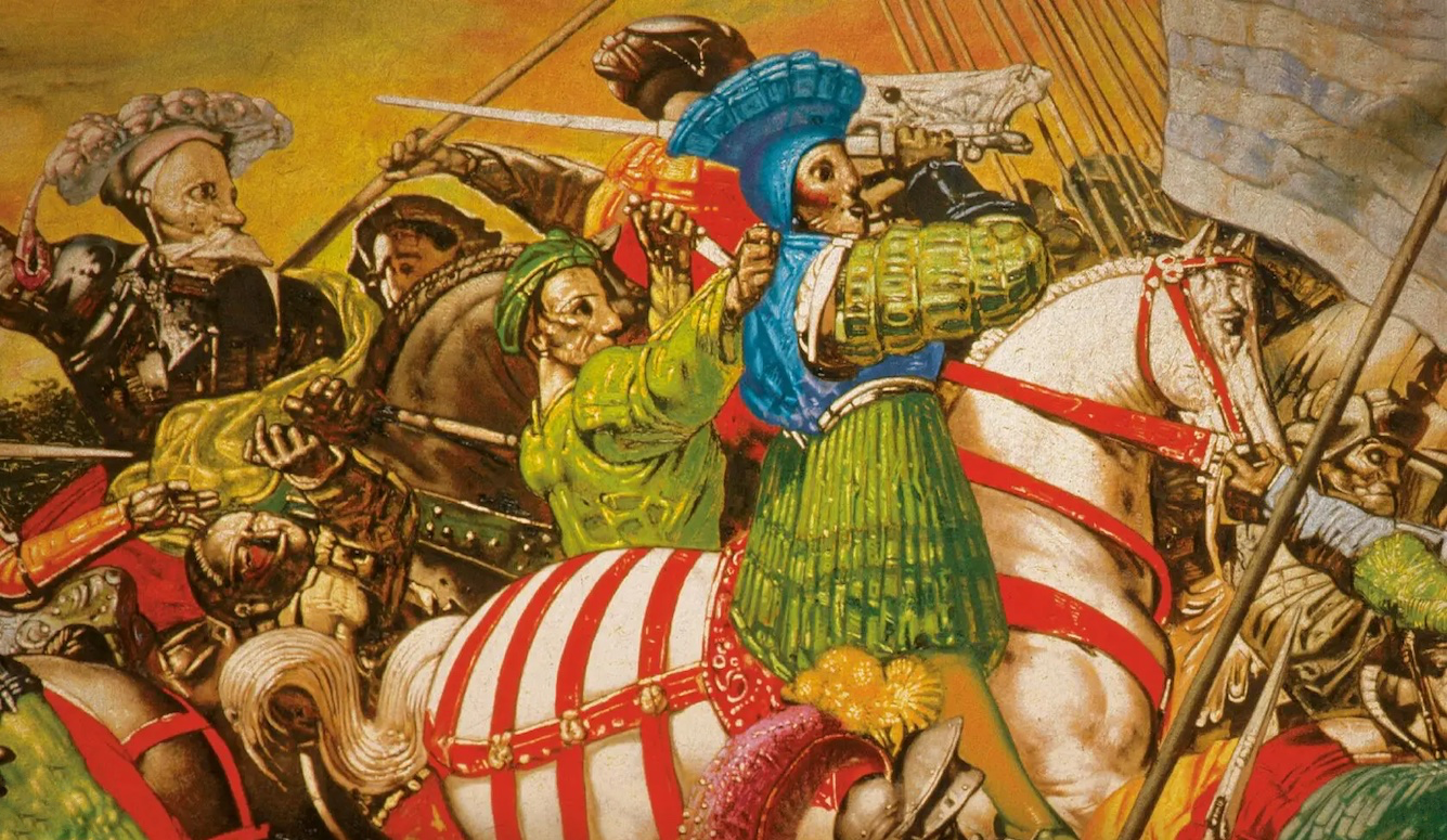 Detail from cover of Summer of Fire and Blood by Lyndal Roper. Warriors on horseback, illustration. 