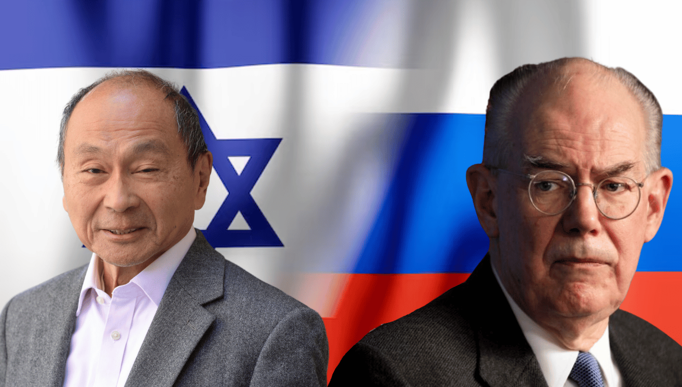 Composite image of Francis Fukuyama and John Mearsheimer against a backdrop of Israeli and Russian flags.