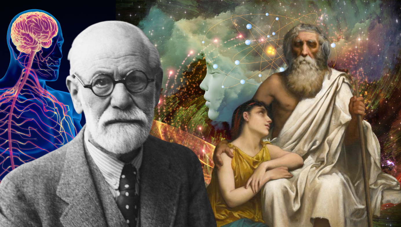 A collage featuring Sigmund Freud and an old painting of Oedipus and Antigone.