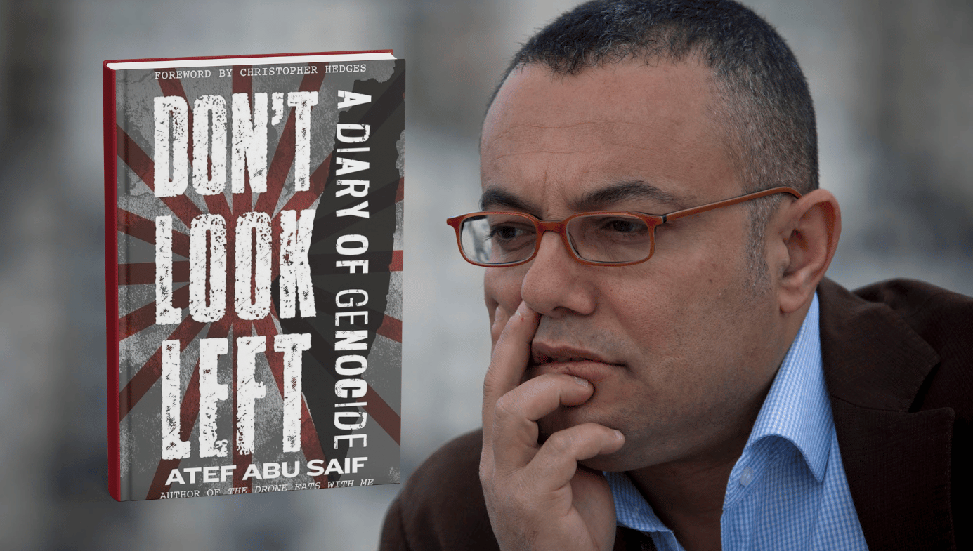 Atef Abu Saif, a middle-aged Arab man with glasses and his new book. 